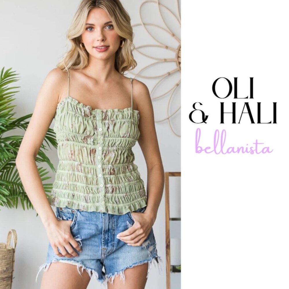 Oli & Hali Light Green Ruched Button-Front Tank Top